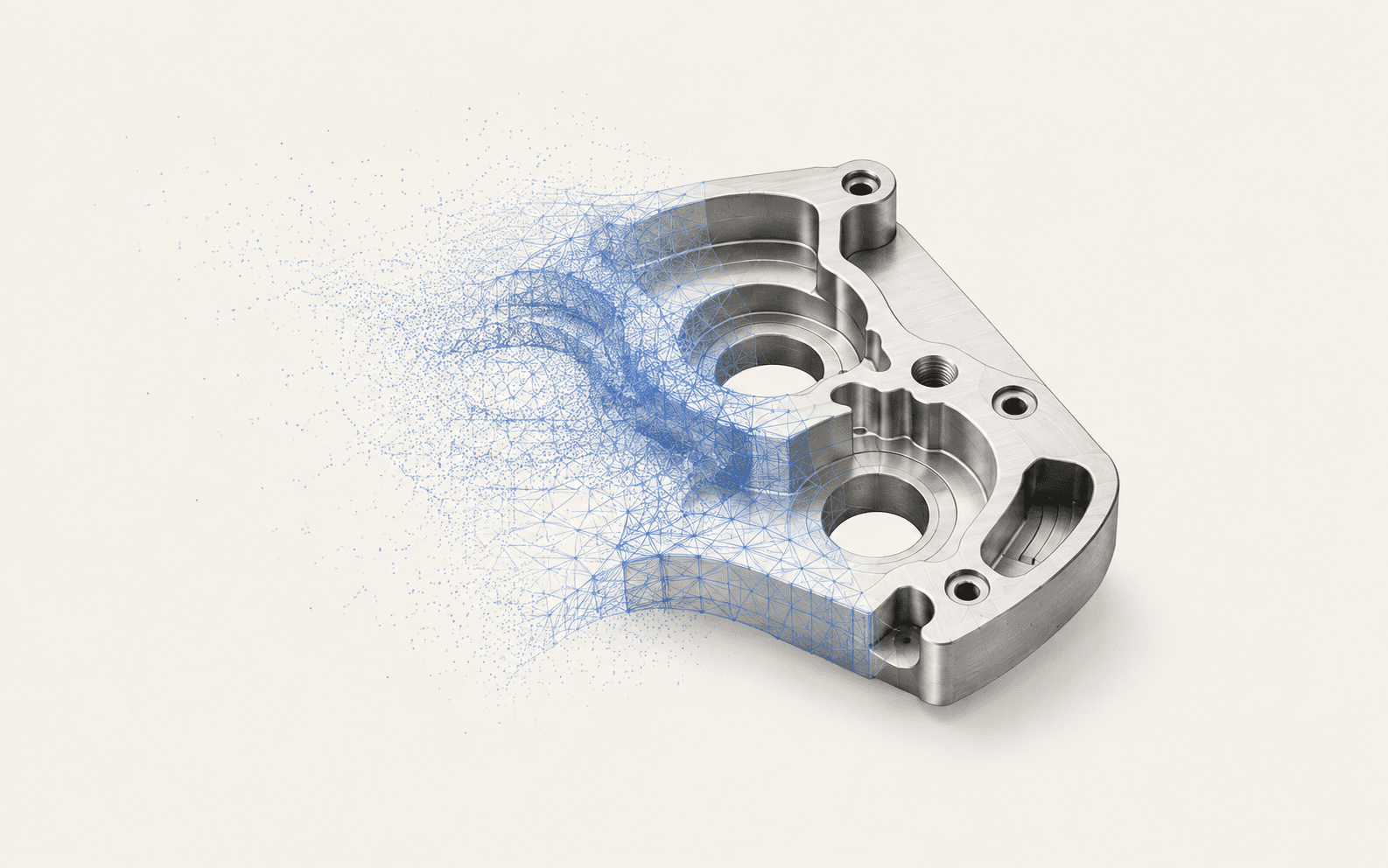 A measured point cloud transitions through an engineering mesh into a machined physical component.